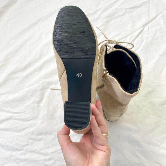 Nude Tan Faux Suede Ren Fair Witchy Pirate Wench Lace Up High Heel Boots 9 - 9.5 - Picture 6 of 8